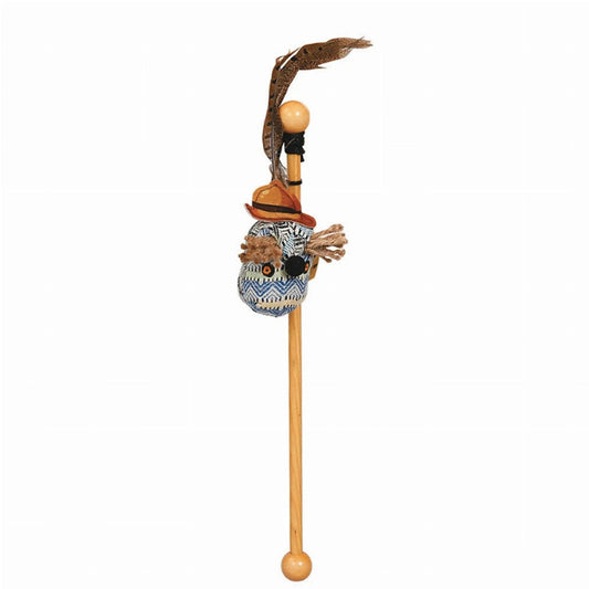 Wooden wand cat toy with blue and white geometric owl featuring brown feather teaser