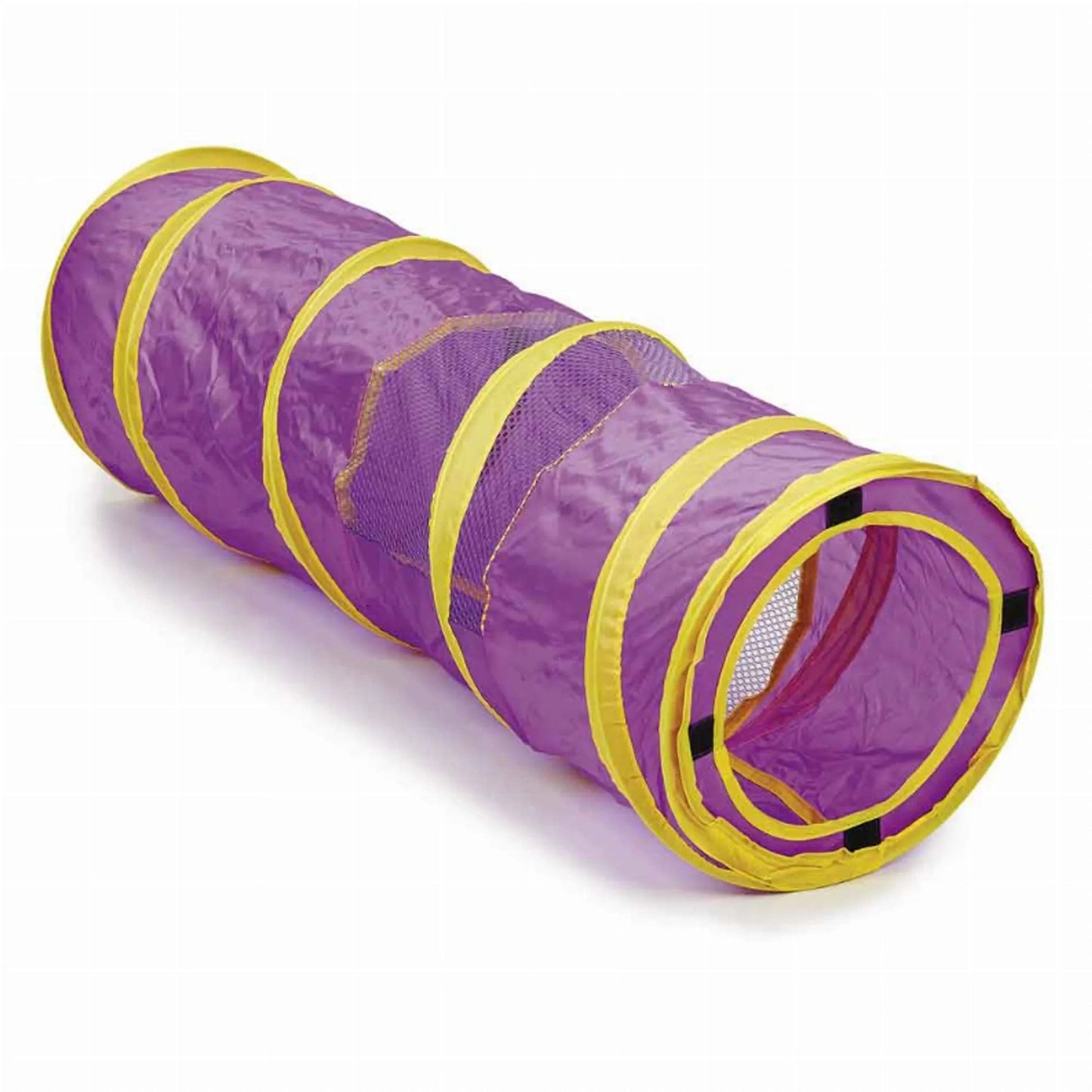 Purple collapsible cat tunnel with yellow trim and mesh windows