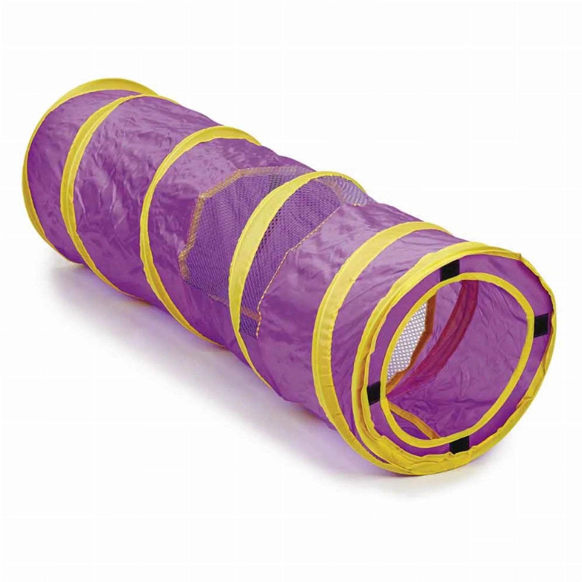 Purple collapsible cat tunnel with yellow trim and mesh windows