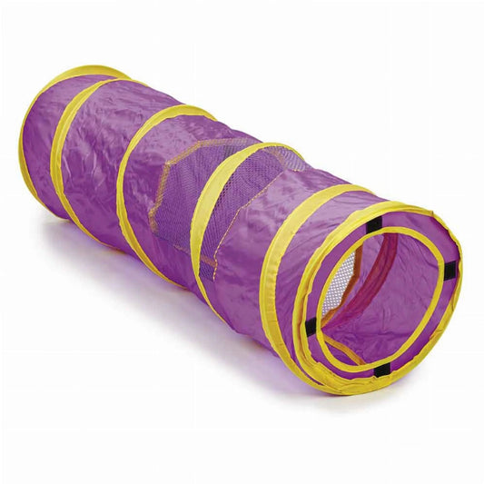 Purple collapsible cat tunnel with yellow trim and mesh windows