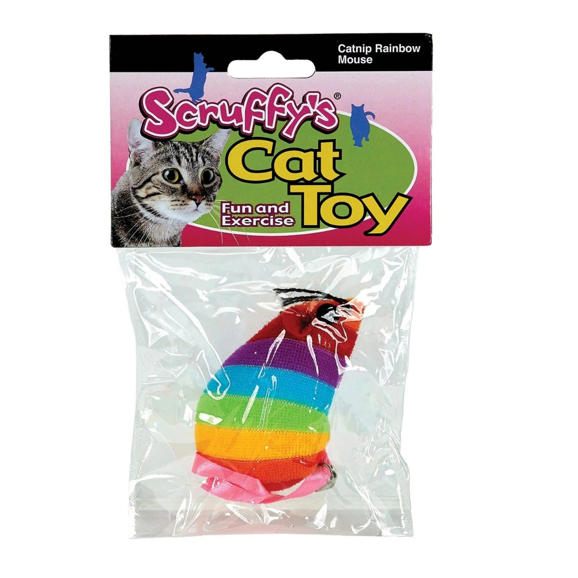 Scruffy's Catnip Rainbow Mouse cat toy in packaging with rainbow stripes and embroidered eyes