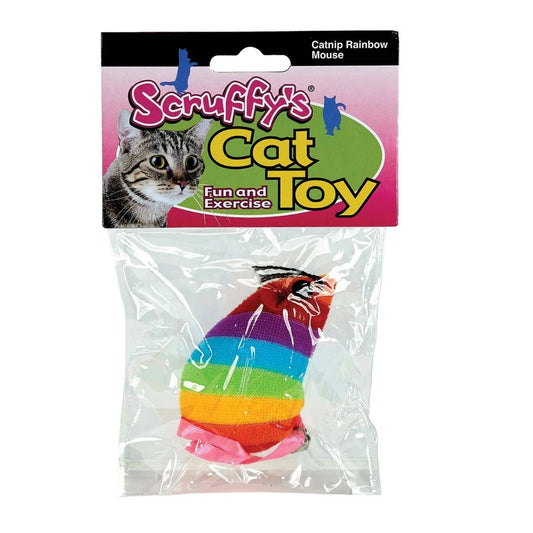 Scruffy's Catnip Rainbow Mouse cat toy in packaging with rainbow stripes and embroidered eyes