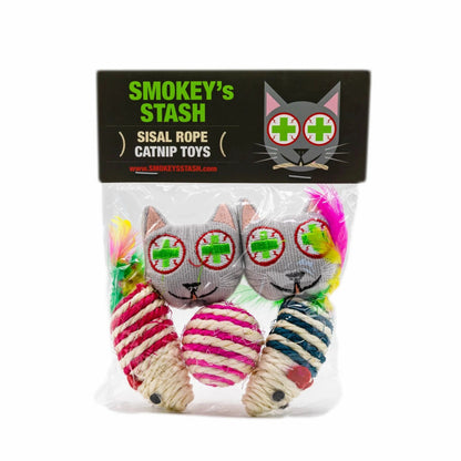 Smokey's Stash sisal rope and fabric catnip toy set with mouse, ball, and fish