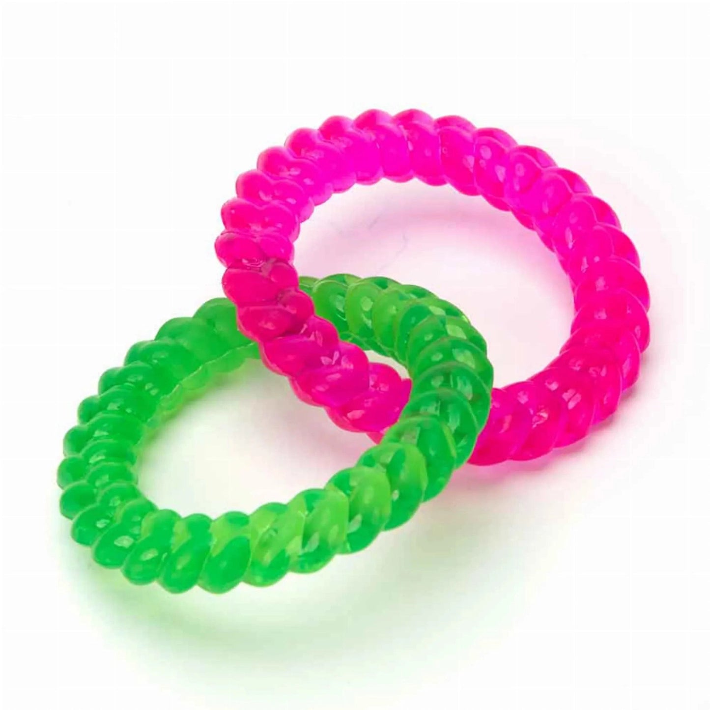 Pink and neon green chainlink rings pet toy with textured flexible segments