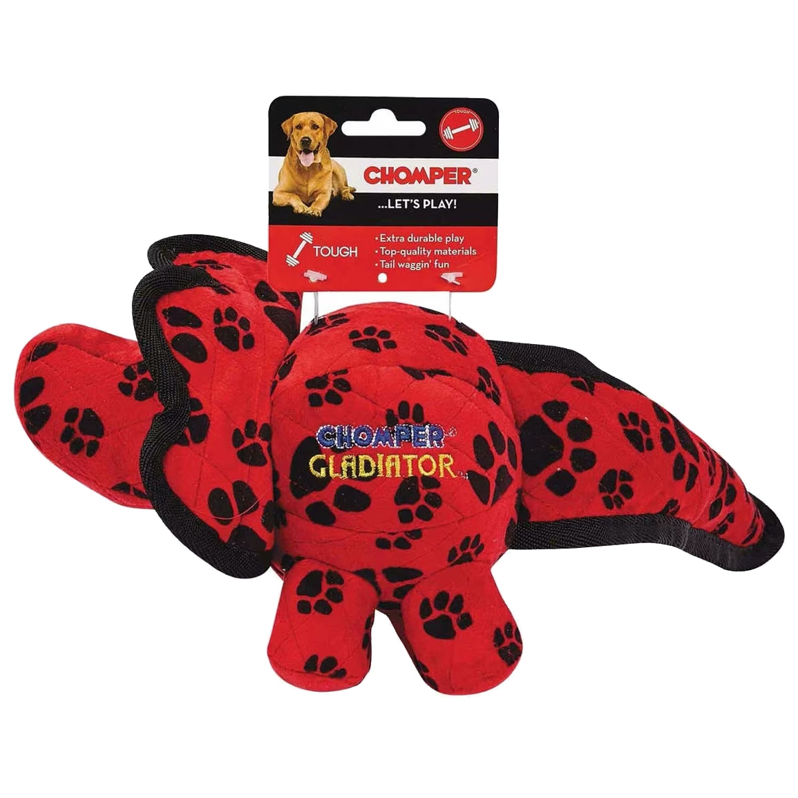 Chomper Gladiator Tuff Dino plush toy with packaging showing embroidered brand text