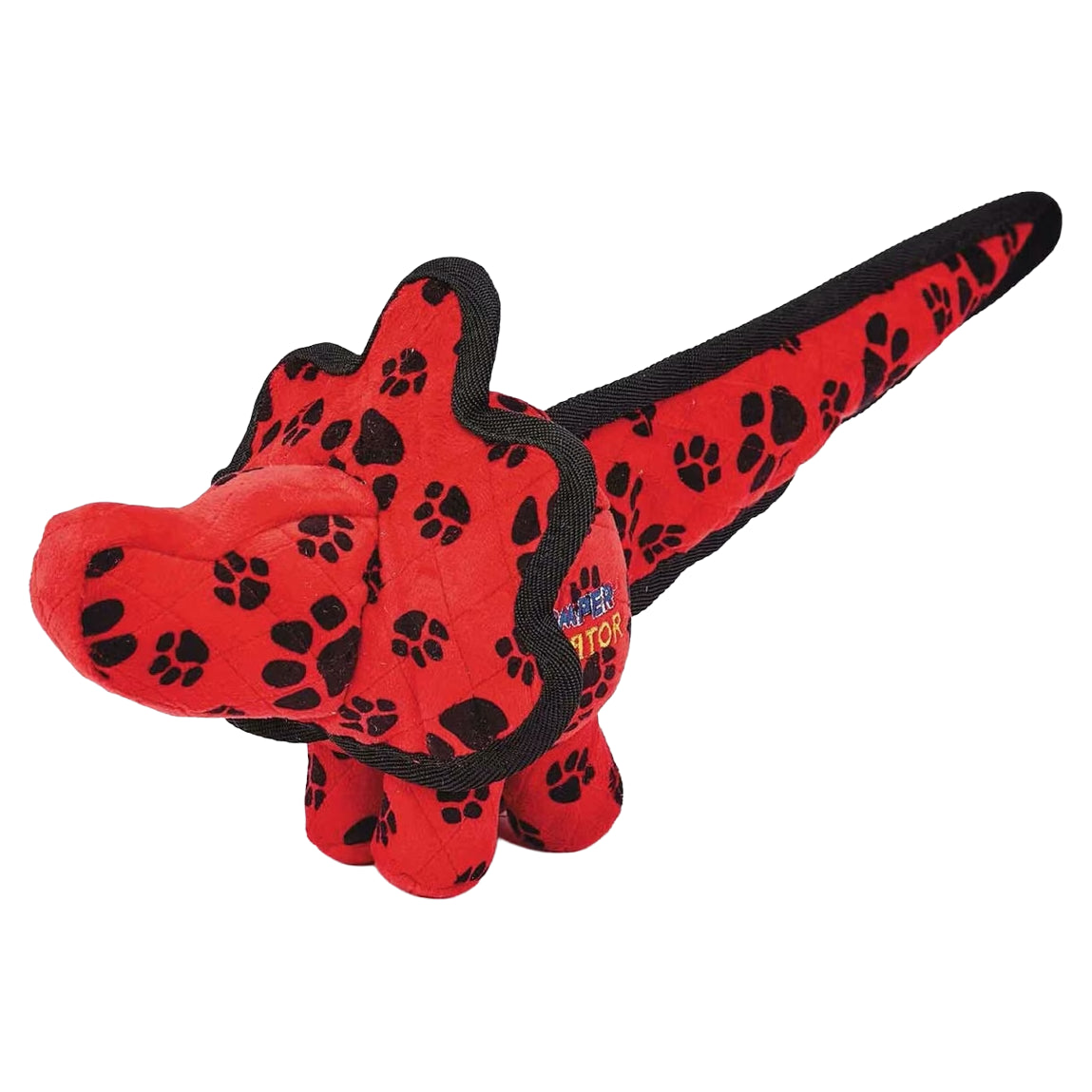 Red dinosaur plush toy with black paw print patterns and embroidered Chomper Gladiator logo