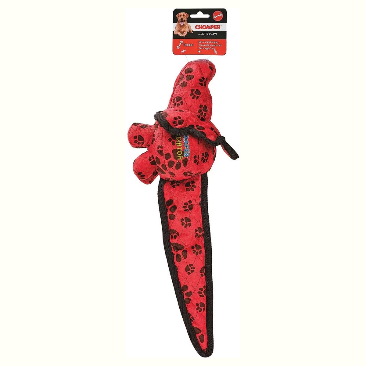 Chomper Gladiator Tuff Dino plush toy in red with black paw prints on retail card
