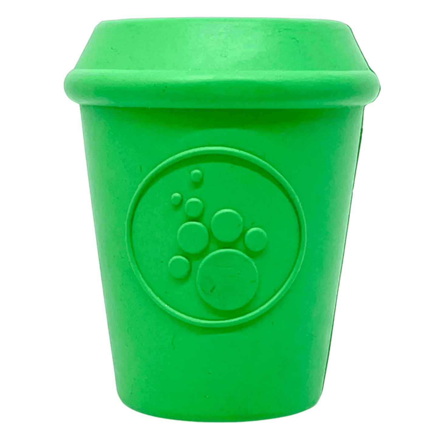 Green natural rubber coffee cup dog chew toy with embossed paw logo