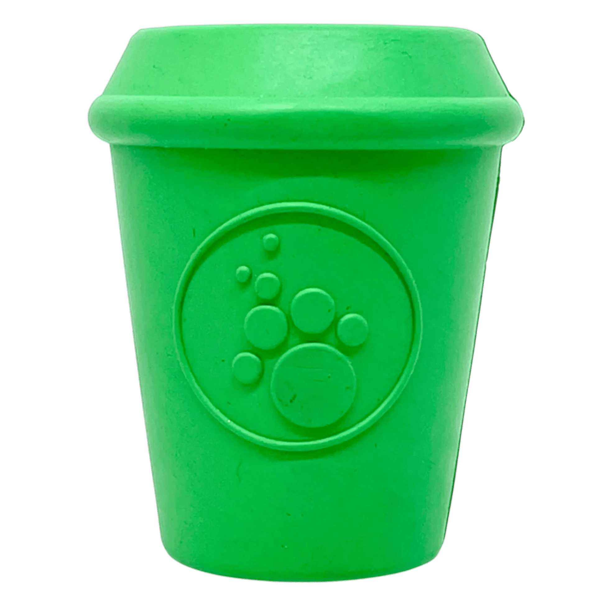 Green natural rubber coffee cup dog chew toy with embossed paw logo