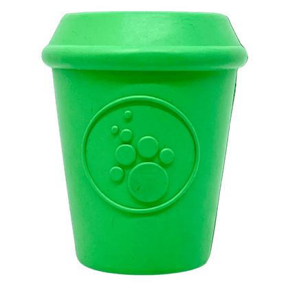 Green natural rubber coffee cup dog chew toy with embossed paw logo