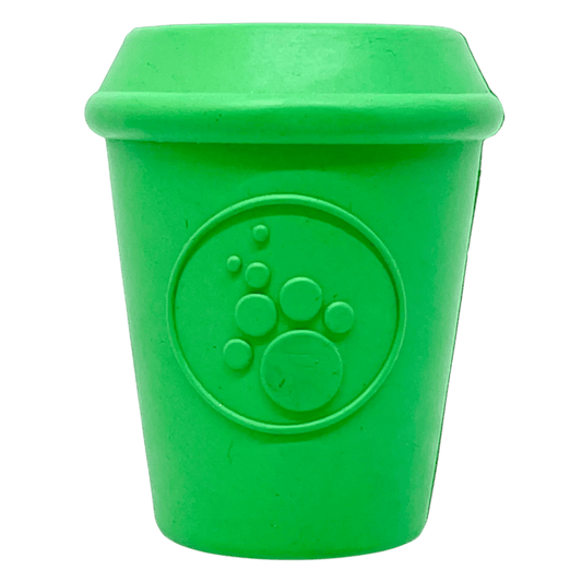 Green natural rubber coffee cup dog chew toy with embossed paw logo
