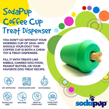 Green coffee cup treat dispenser with bone treat inserted top opening