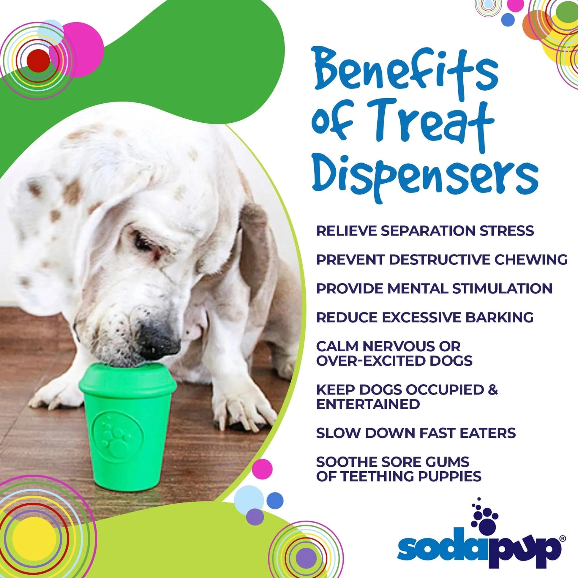 Spotted dog sniffing green coffee cup treat dispenser on wood floor