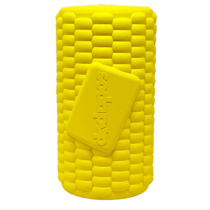 Yellow SodaPup Corn on the Cob natural rubber chew toy with textured kernel design