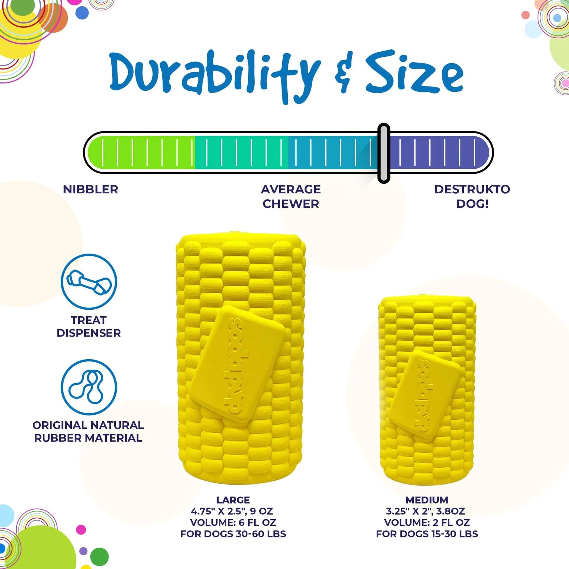 SodaPup Corn on the Cob rubber chew toy size chart for medium and large power chewers