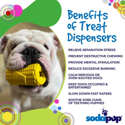 Bulldog chewing yellow corn cob treat dispenser toy for mental stimulation and stress relief