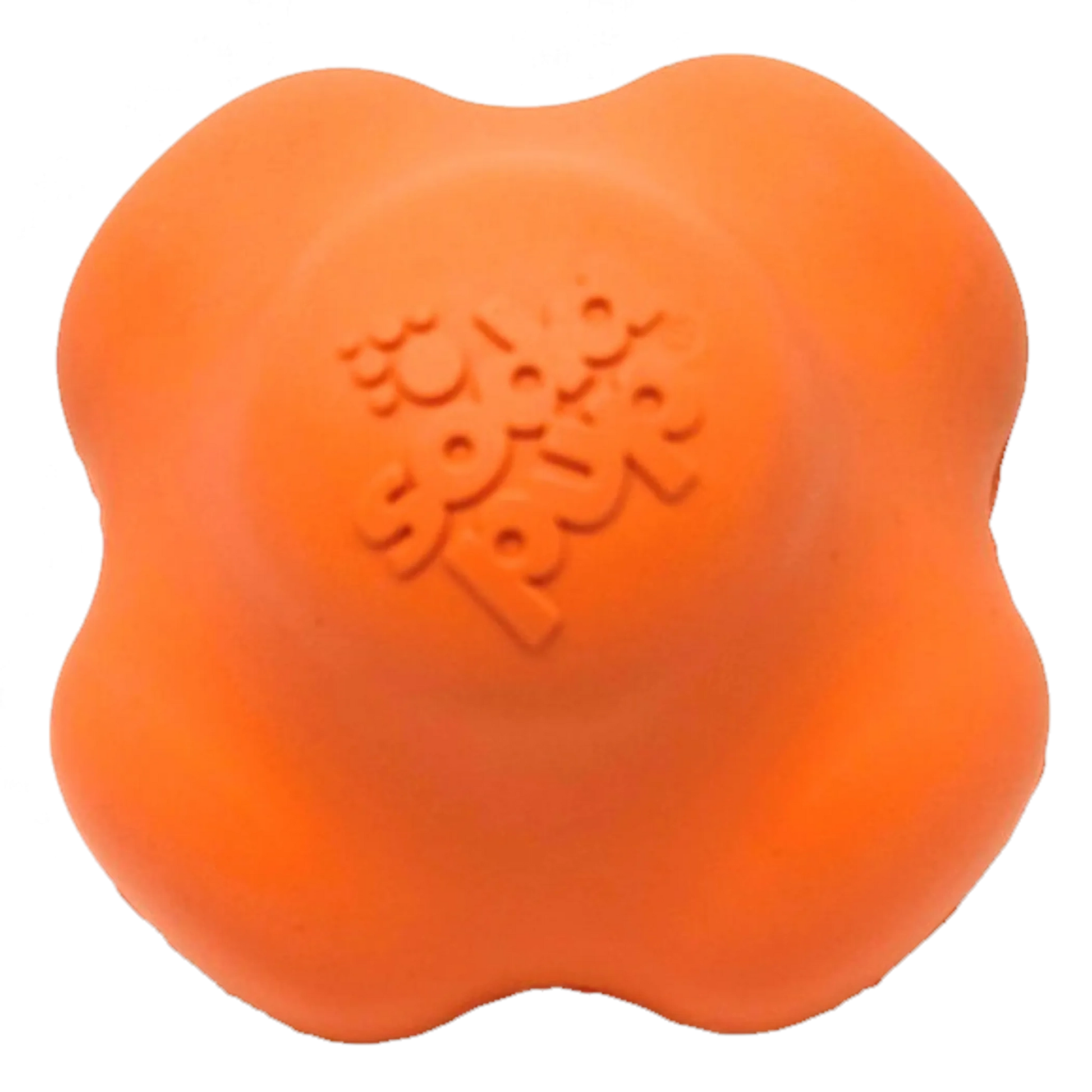 Front view of orange four-lobed solid rubber chew toy with embossed Sodapup logo