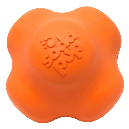 Front view of orange four-lobed solid rubber chew toy with embossed Sodapup logo