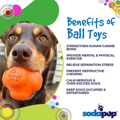 Orange SodaPup Crazy Bounce rubber chew ball in dog's mouth with embossed logo
