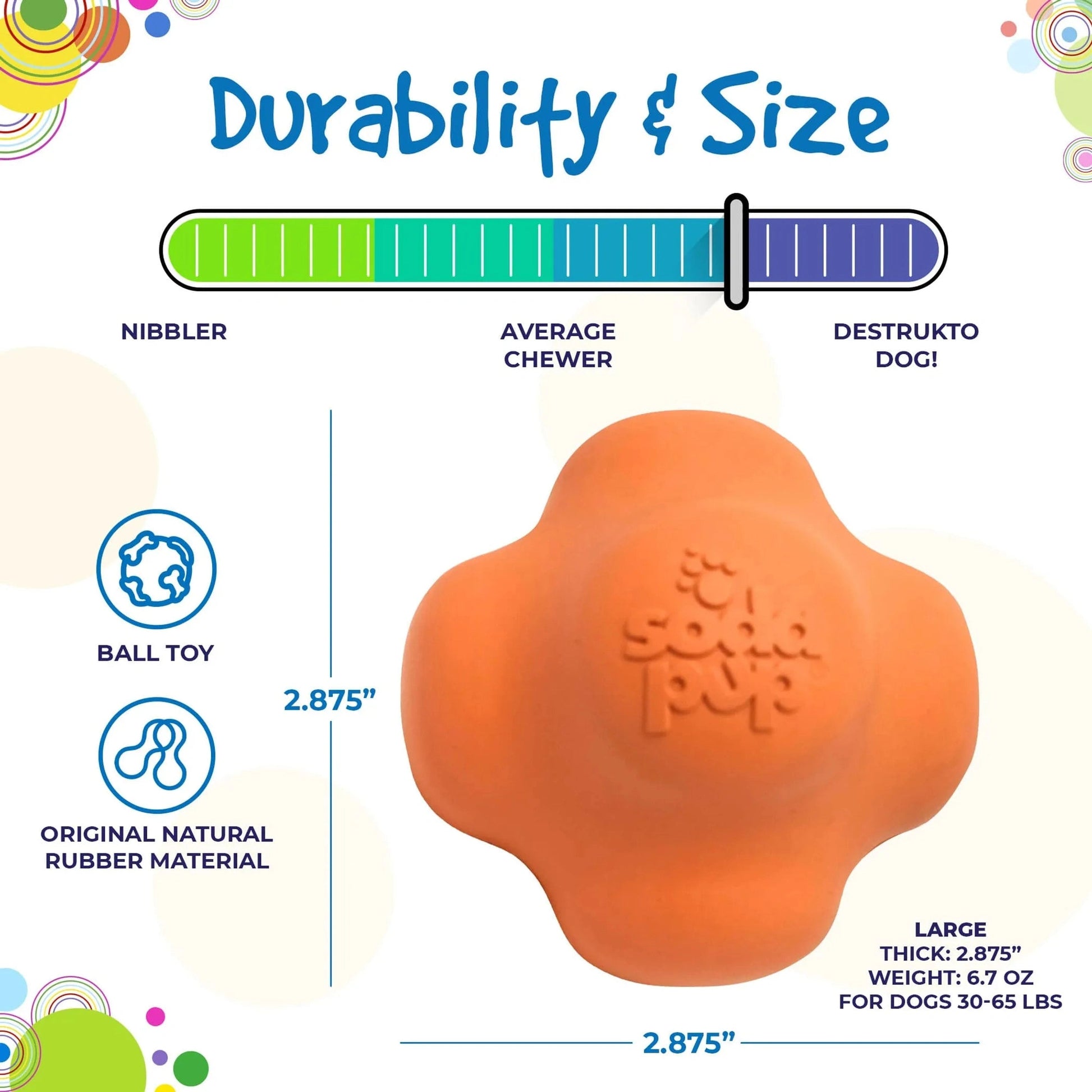 Large orange durable rubber dog ball toy for dogs 30-65 lbs with size specs