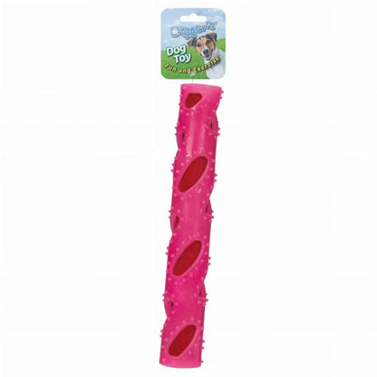 Pink Crinkle Stuff Stick Treat Dispenser with spiral cutouts and textured nubs