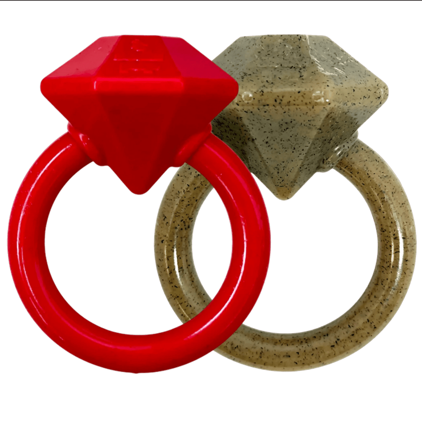 Red and beige speckled diamond ring dog chew toys side by side