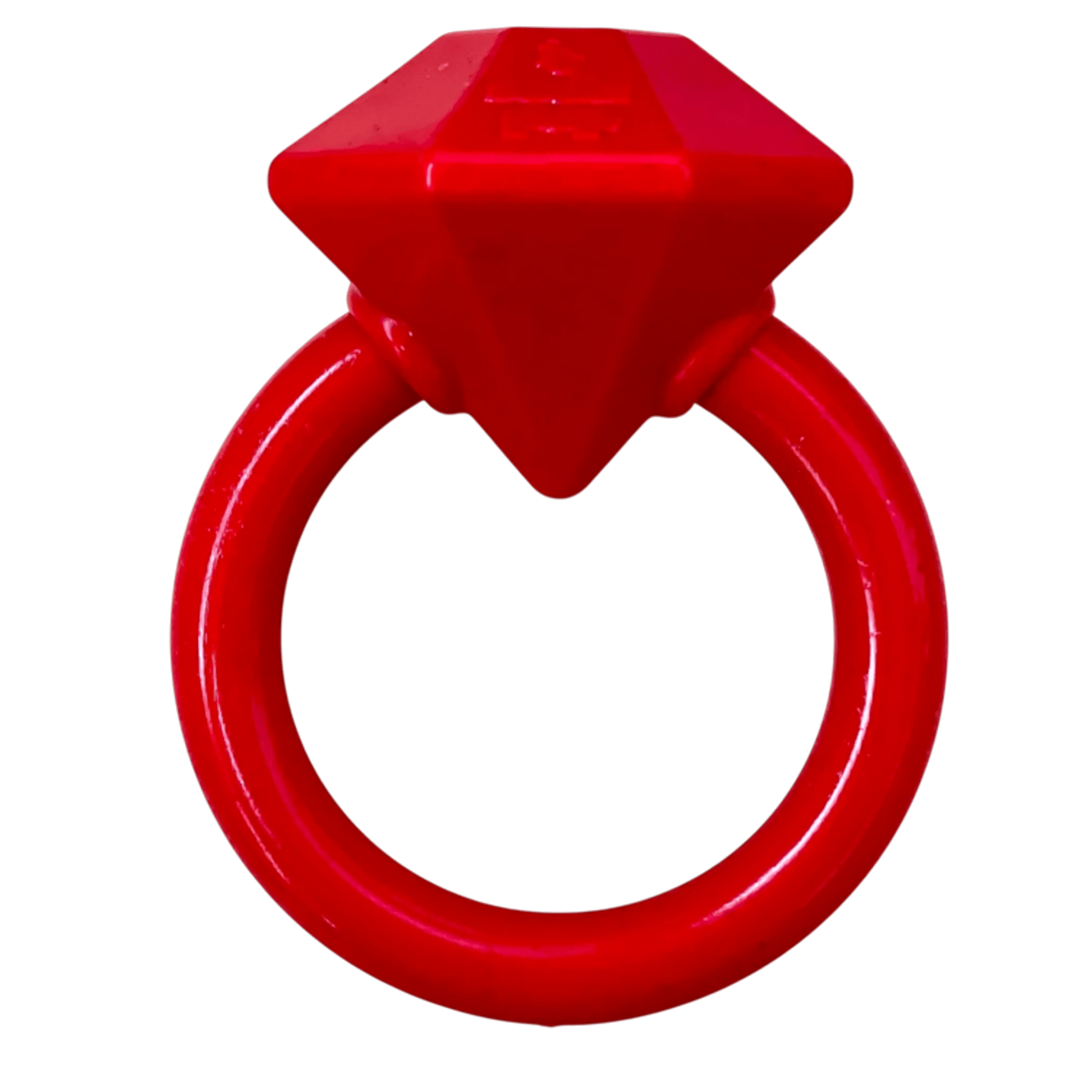 Solid bright red diamond ring dog chew toy with embossed markings