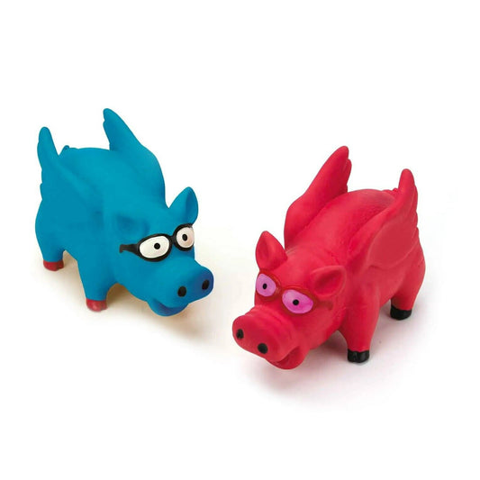 Blue and red Digger's latex grunting pig dog toys with glasses and wings