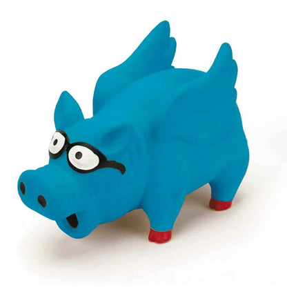 Side view of blue Digger's latex grunting pig dog toy with glasses