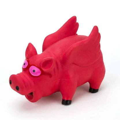 Red Digger's latex grunting pig dog toy with pink glasses and wings