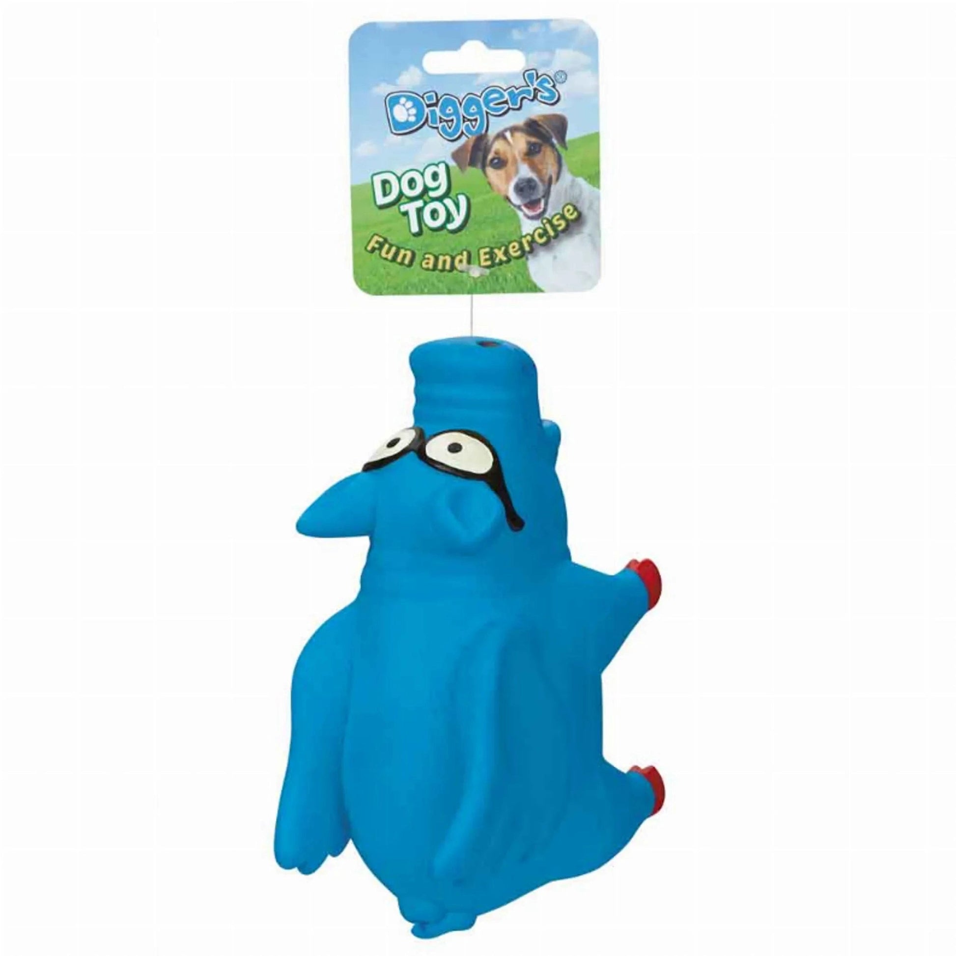 Blue Digger's grunting pig dog toy on retail tag with Jack Russell photo