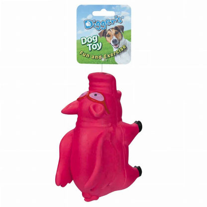 Red Digger's grunting pig dog toy hanging from branded cardboard tag