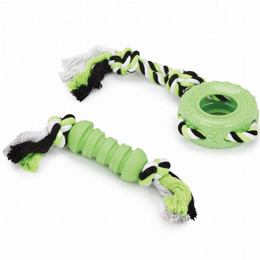 Green and black braided rope tug toy set with TPR rubber core for dogs