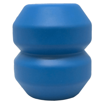Blue double-bulb rubber treat dispenser on white background