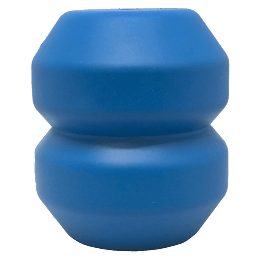 Blue double-bulb rubber treat dispenser on white background