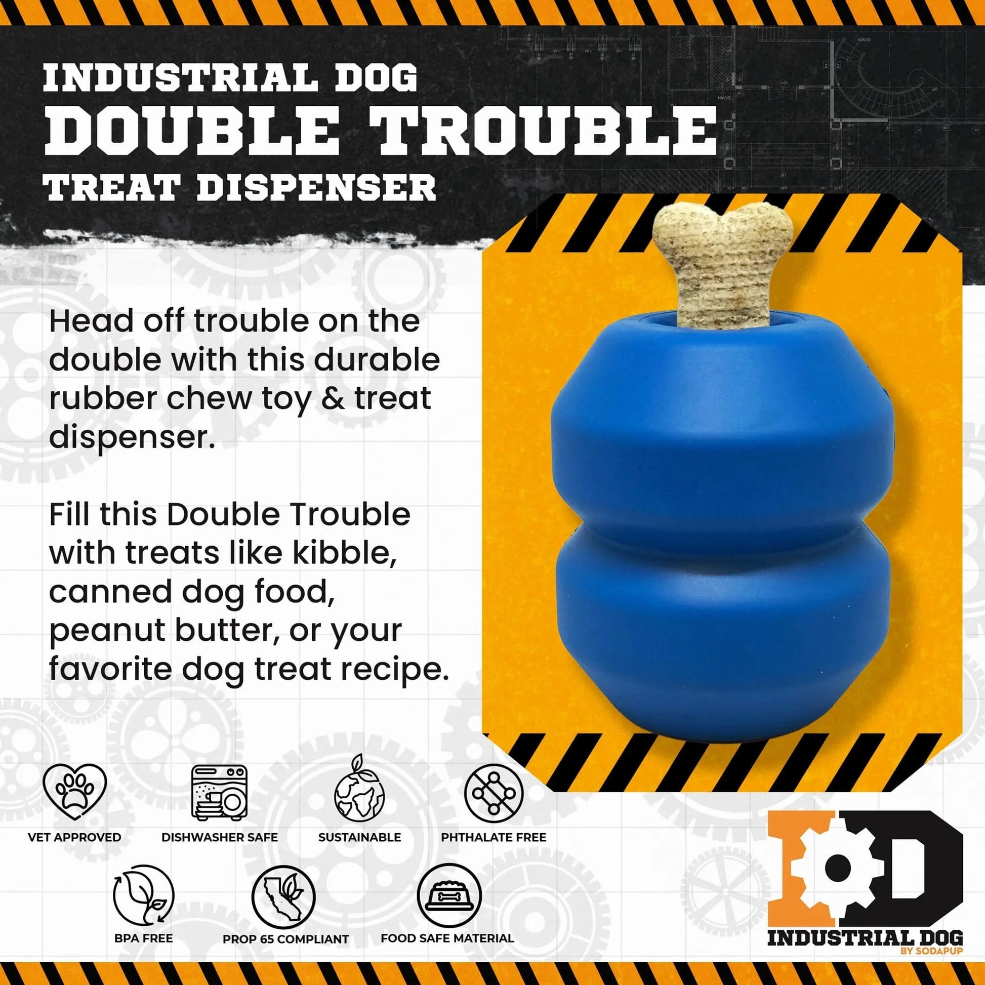 Industrial Dog treat dispenser with kibble and safety icons