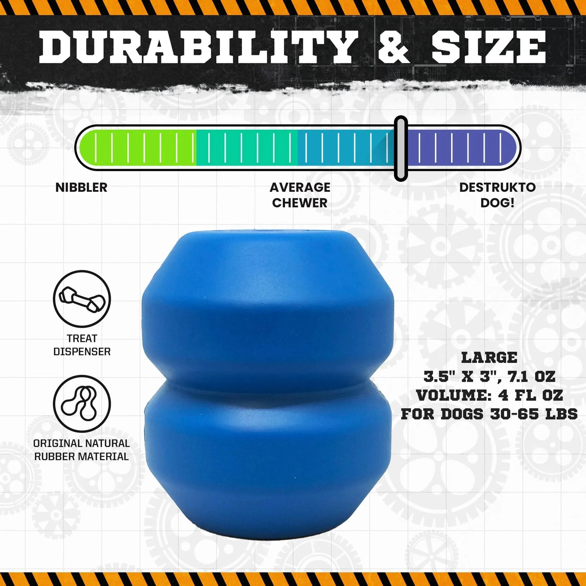 Large blue natural rubber dog toy durability chart for heavy chewers