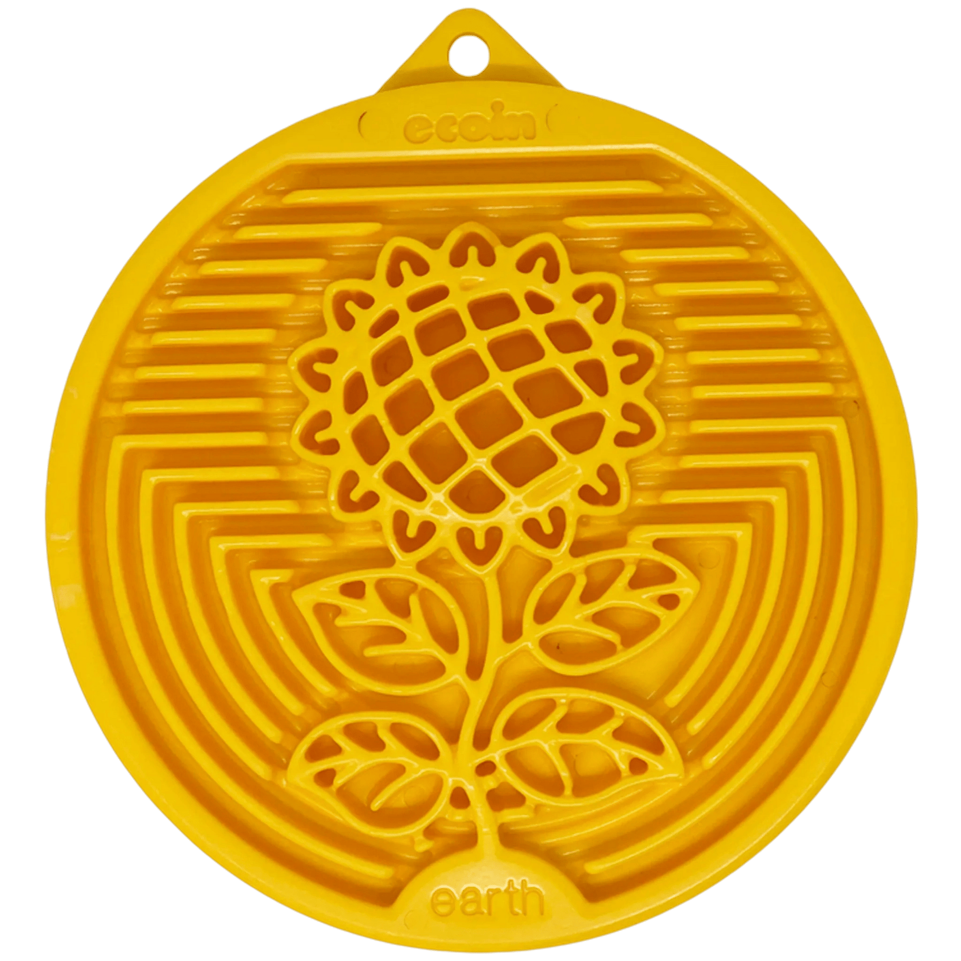 Top down yellow circular nylon lick mat featuring sunflower pattern and ridged channels