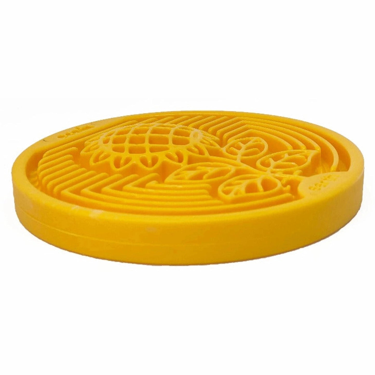 Side view of thick durable yellow nylon dog lick mat with embossed earth coin text