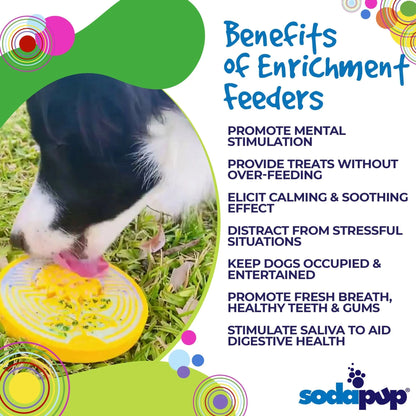 Black and white dog using yellow sunflower nylon lick mat outdoors for mental stimulation