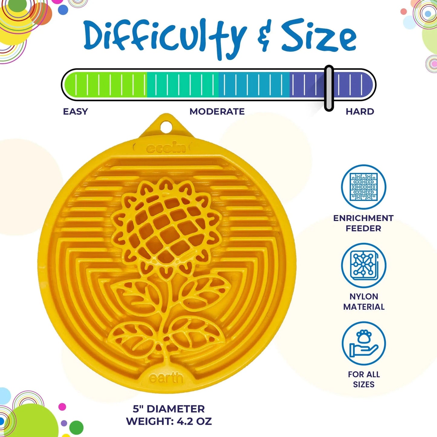 5 inch yellow nylon ecoin enrichment feeder with sunflower design and hanging loop