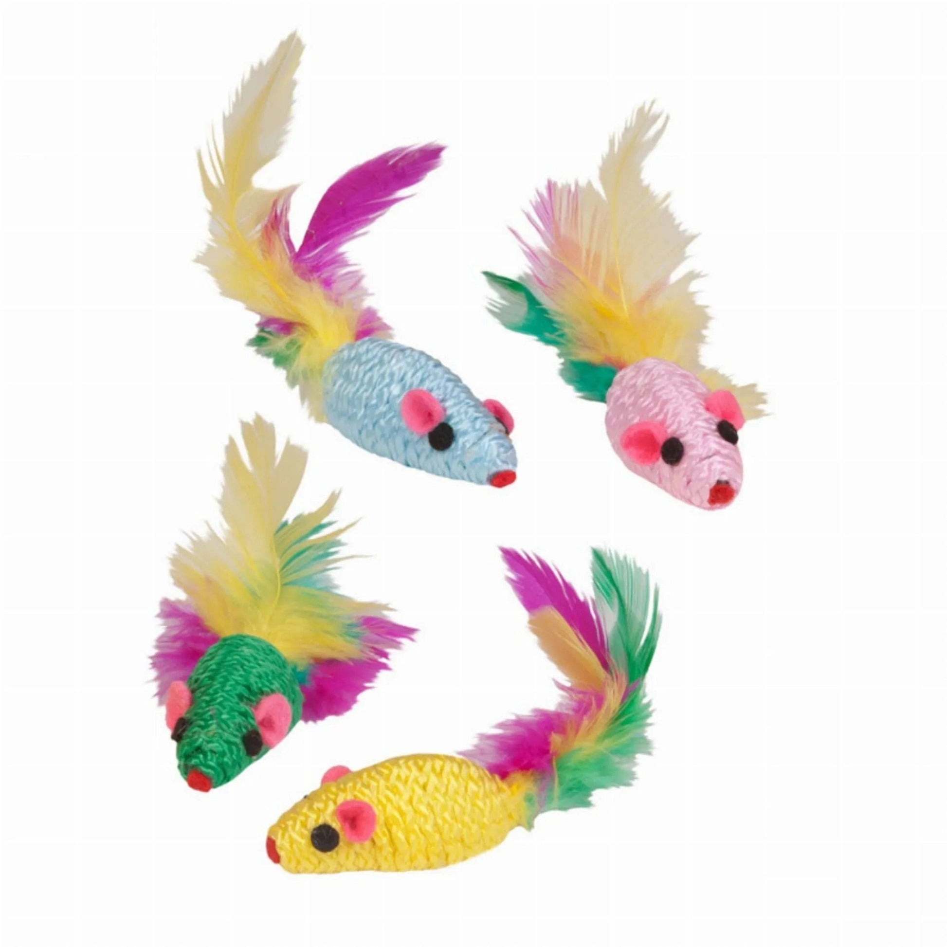 4-pack colorful knitted cat toy mice with feather tails