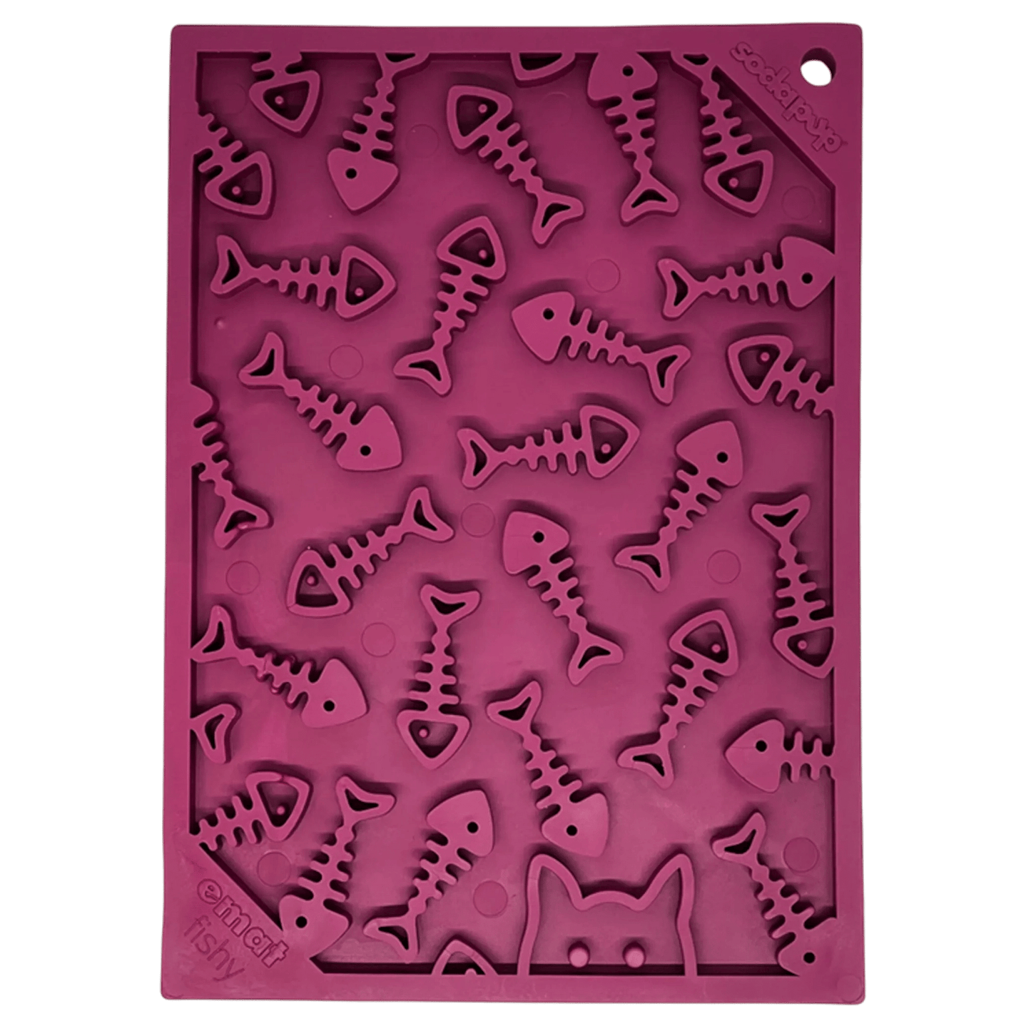 Top-down view of purple SodaPup eMat fishy lick mat