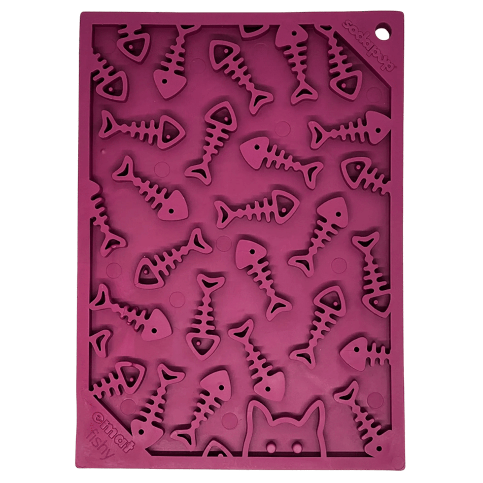Top-down view of purple SodaPup eMat fishy lick mat