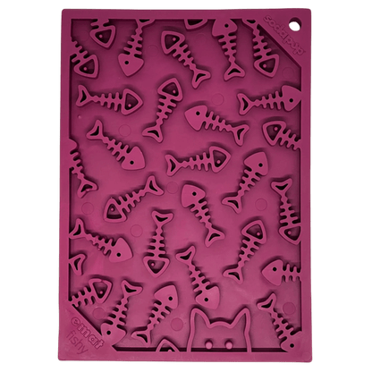 Top-down view of purple SodaPup eMat fishy lick mat