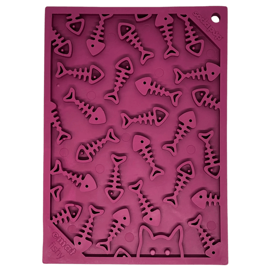 Top-down view of purple SodaPup eMat fishy lick mat