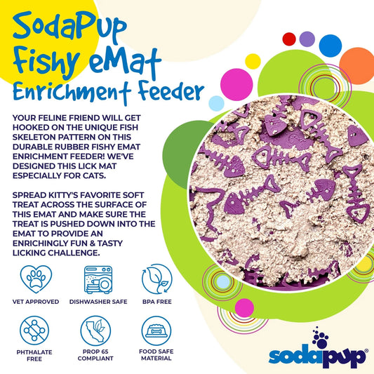 Top-down view of purple SodaPup eMat fishy lick mat