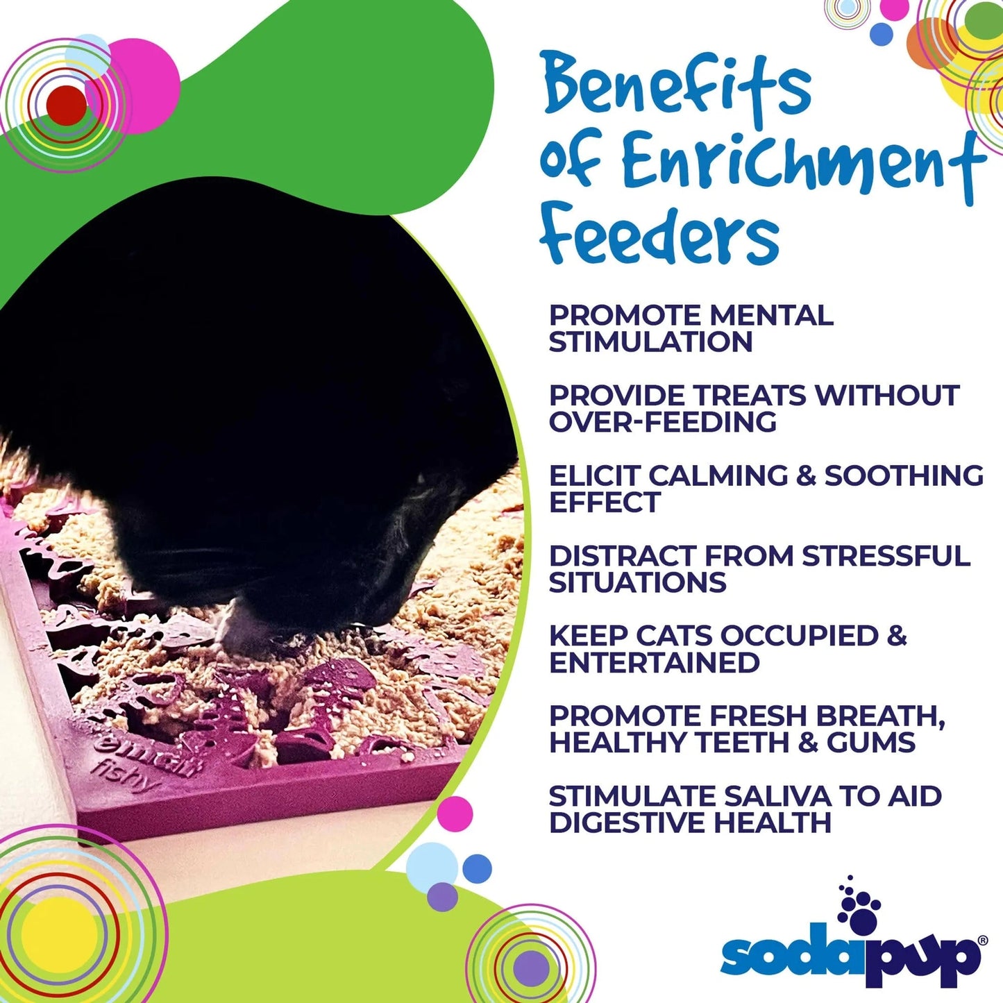 Black cat using purple fish skeleton enrichment feeder mat