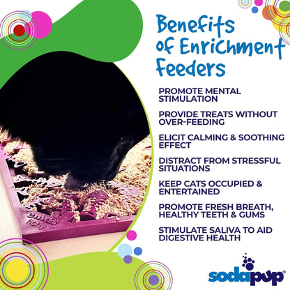 Black cat using purple fish skeleton enrichment feeder mat