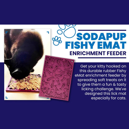Purple SodaPup small fishy lick mat with cat eating treats
